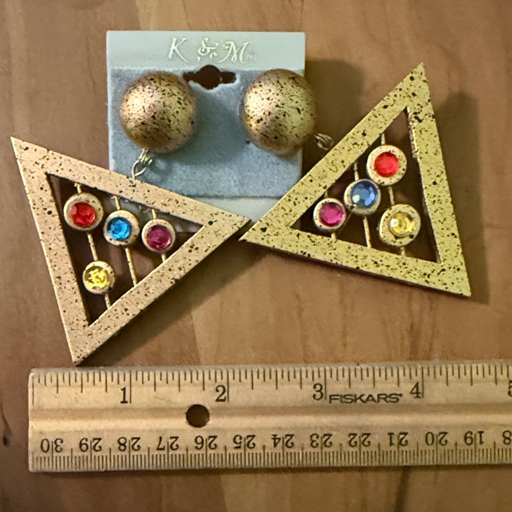 Gold Triangle Earrings with Colorful Gems